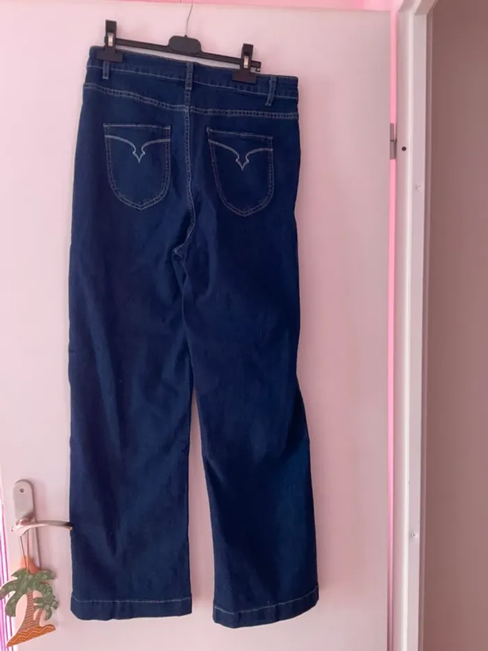 Jean droit taille haute ajusté Ceinture élastique, poches factices devant - photo numéro 3