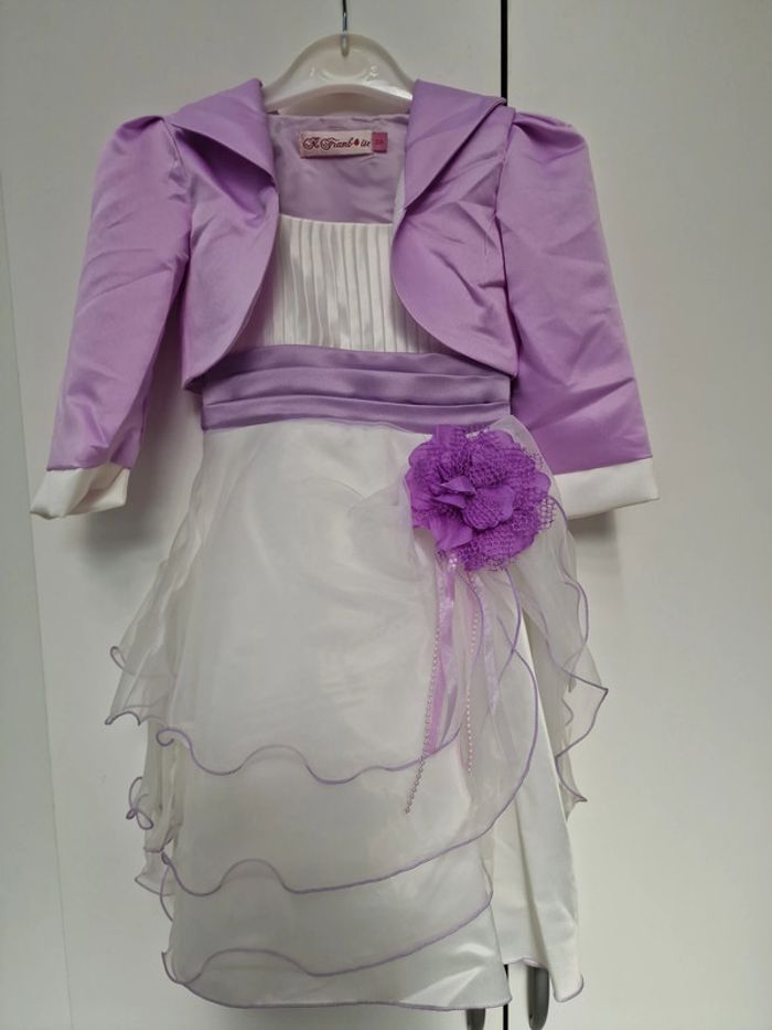 Robe Avec Boléro Baptême Cérémonie Mariage Blanc Lila Fleur Perles - photo numéro 2