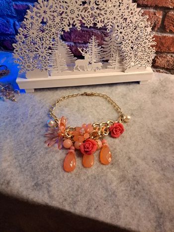 Magnifique collier fleur bohème champêtre orange  corail et doré