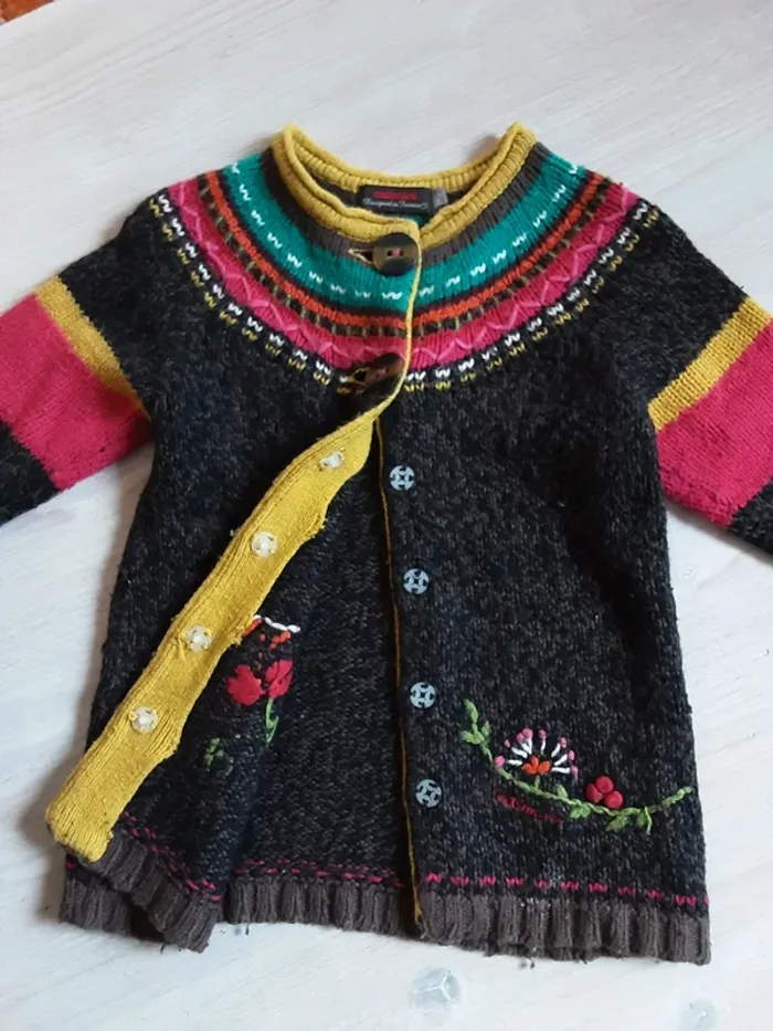 Manteau maillé laine chaud fleurs T. 2 ans - photo numéro 3