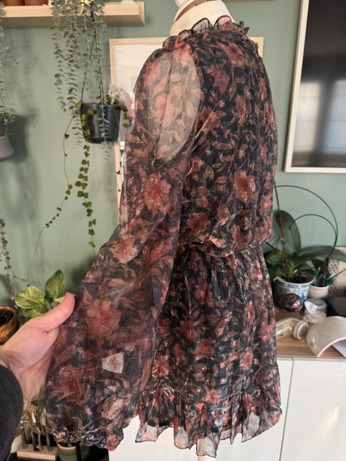 Magnifique robe manches longues noir fleuries brillant taille L - photo numéro 6