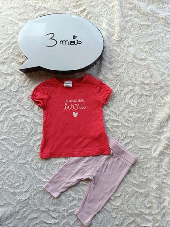 Ensemble (tee shirt manches courtes+sarouel legging) Fille 3 mois Je veux des bisous cœur