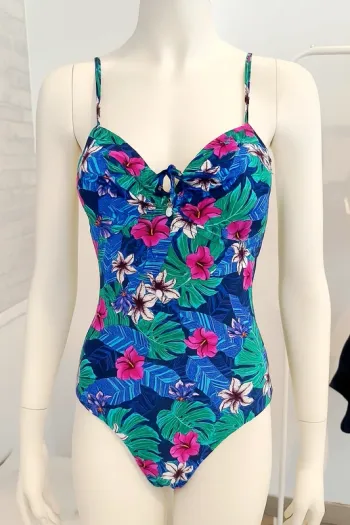 Maillot de bain une pièce RougeGorge neuf 90B fleur feuillage tropical lacets dos avec baleine