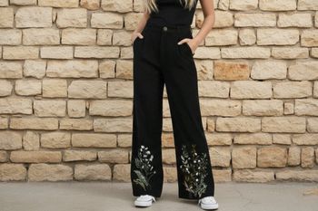 Pantalon taille haute chic large noir fleuri taille M/38 style bohème Y2K