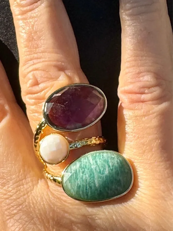 Grosse bague habaha Paris acier inoxydable or réglable pavés améthyste jade vert blanc - photo numéro 7