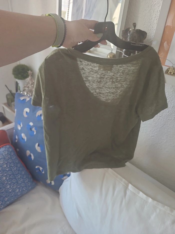 Teeshirt kaki en lin avec fil argenté - photo numéro 5