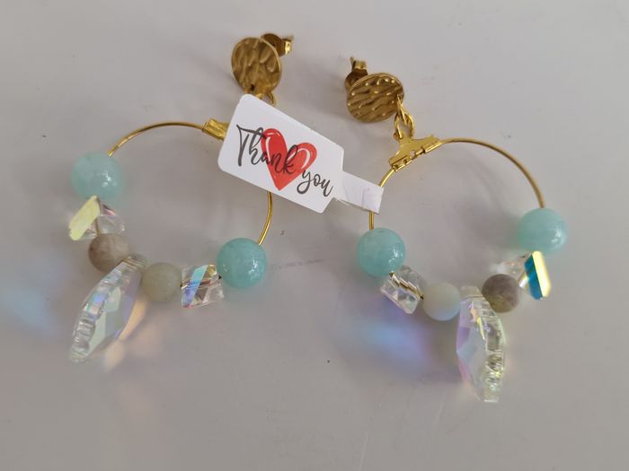 Boucles D'oreilles Acier Créoles Pierres Amazonite Bleu Cristal - photo numéro 8