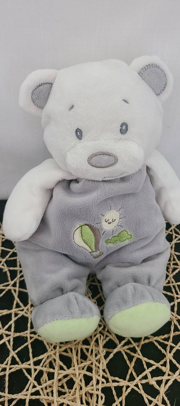 ARTESAVI Doudou peluche ours gris mauve 30 cm Grelot Montgolfiere soleil nuage - photo numéro 4