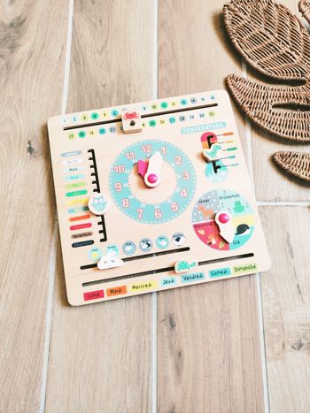 🌞Planche /panneau d'éveil multi activités calendrier perpetuel Météo et temps en bois Vertbaudet JB
