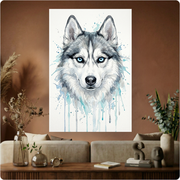 Affiche murale "Husky" aquarelle artistique yeux bleus poster déco A3 Sans cadre