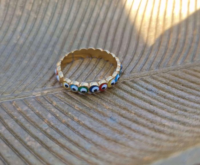 Bague réglable acier inoxydable or oeils résine couleurs - photo numéro 4