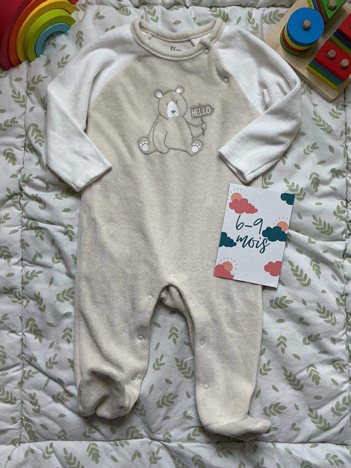 pyjama grenouillère en velours beige et blanc 6/9 mois zy baby - photo numéro 2