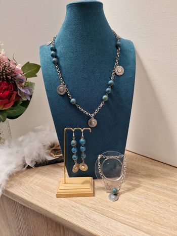 Parure De Bijoux Collier Boucles D'oreilles Bracelet Argentée Perles Turquoises