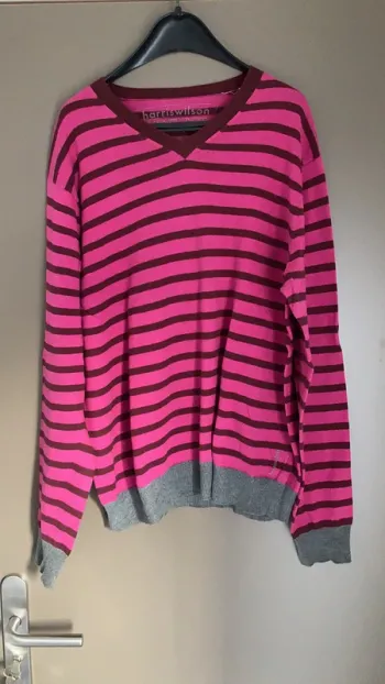 Pull homme col V à rayures rose et marron Harris Wilson taille L