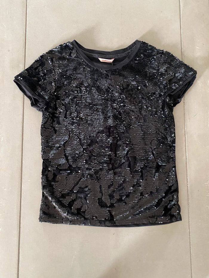 Tee shirt Camaïeu noir à sequins noirs et velours taille S neuf avec étiquette - photo numéro 7