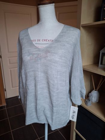 Pull fin gris chiné mailles nid d'abeilles neuf étiqueté
