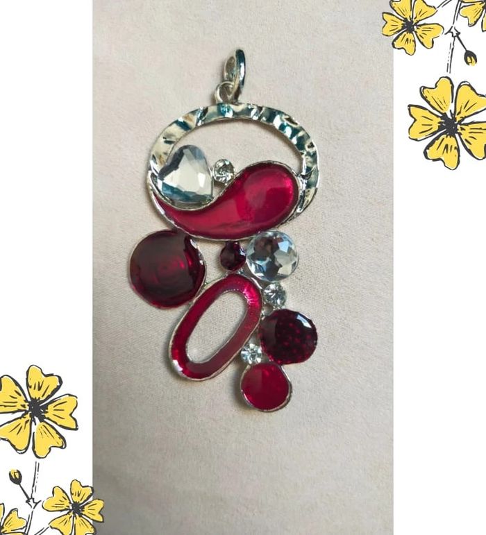 Parure pendentif + boucle – Ronds rouge & argenté avec strass et cœur - photo numéro 3