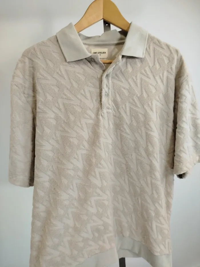 Polo stylisé polyester manches courtes col V à boutons couleur crème - CMT taille M A549 - photo numéro 2