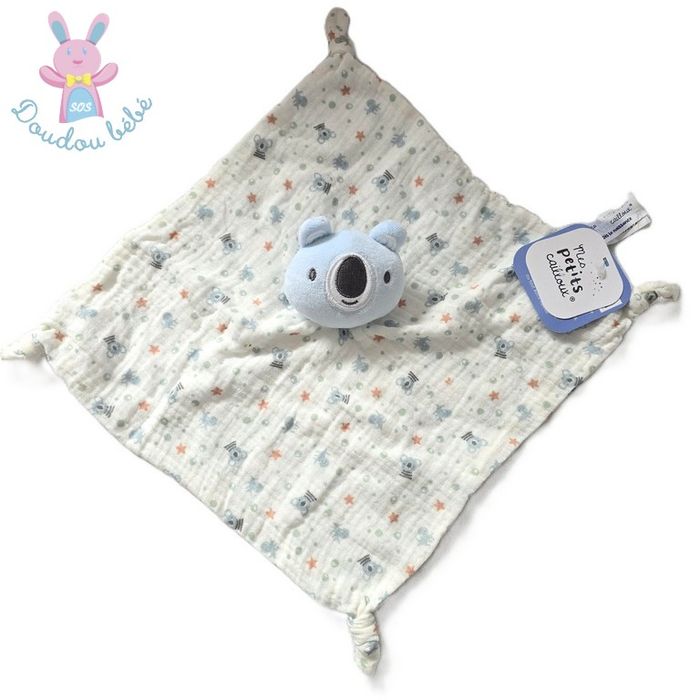 Doudou plat Koala bleu lange blanc motifs MES PETITS CAILLOUX