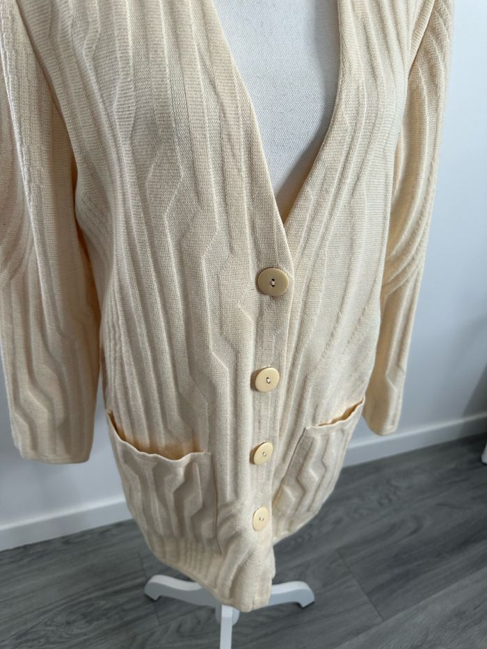 Cardigan texturé beige crème en laine vierge Devernois Paris Vintage T44 XXL - photo numéro 3