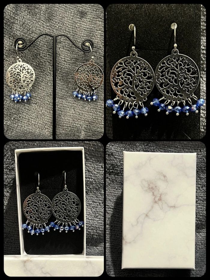 Boucles d’oreilles pendantes arbre de vie argentée avec perle bleu dans sa boîte cadeau