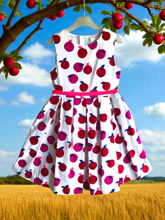 JACADI - ROBE FILLE MOTIF FRUITS, TOUCHES ROSE FLUO, ÉVASÉE & PLIS SUR LE BAS 8A - photo numéro 3