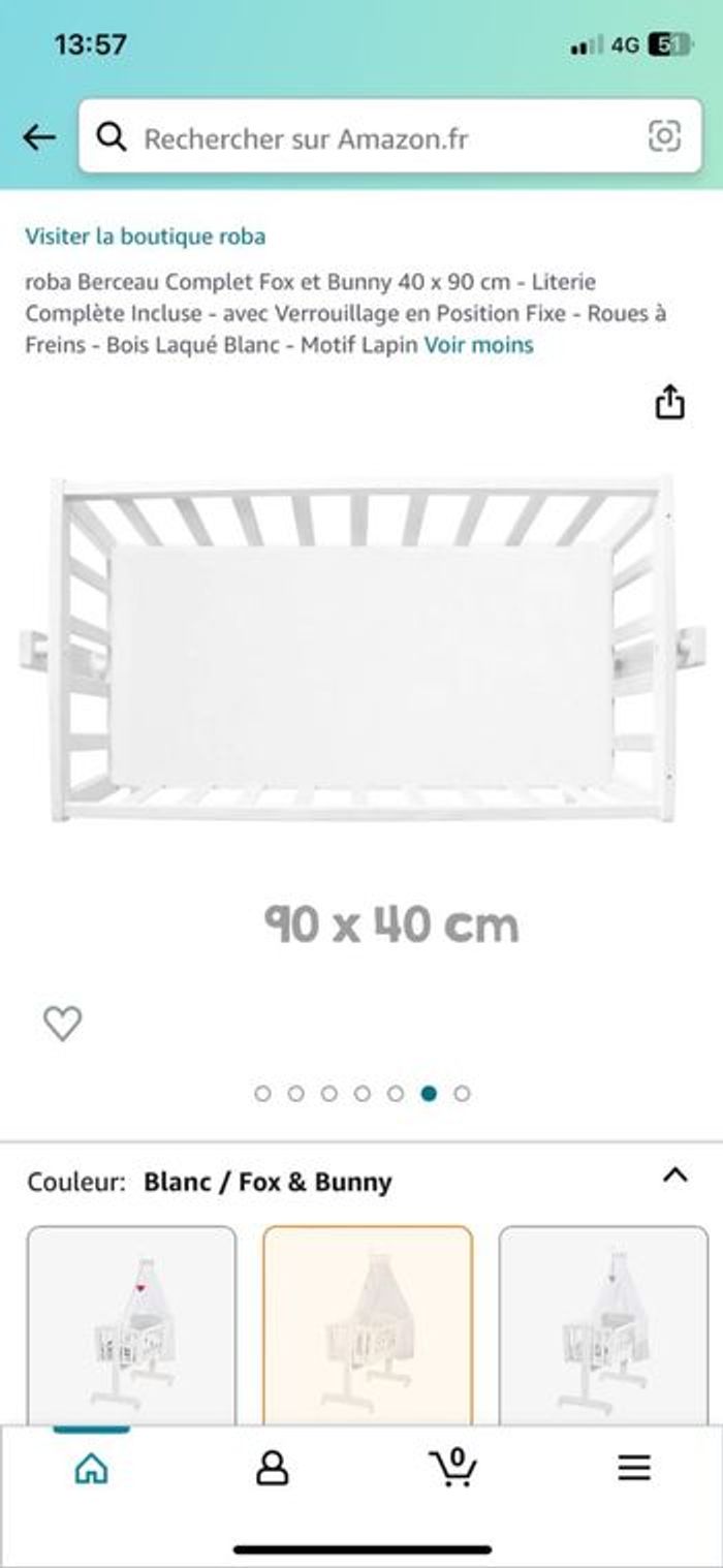 Berceau Complet Fox et Bunny 40 x 90 cm - Literie Complète Incluse - avec Verrouillage en Position Fixe - Roues à Freins - Bois Laqué Blanc - photo numéro 3