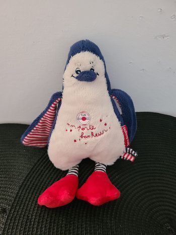Peluche Doudou Pingouin Bleu Beige Rouge Rayures TERRE DE MARINS