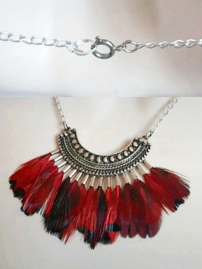 Collier ras de cou plastron plume rouge noir argent 🇨🇵 Fabrication Artisanale - 45 cm - photo numéro 2