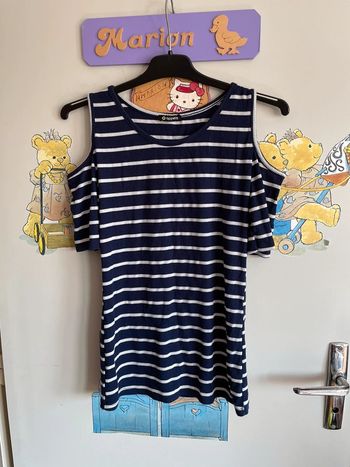 Top à épaules découvertes bleu marine à rayures blanches, taille 36, marque Appels.