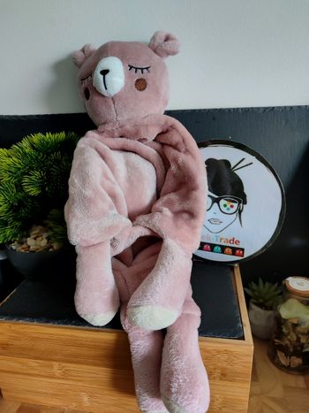 Grand doudou plat ours GEMO rose scratch plaid yeux fermé 55 cm Blanc PE0247