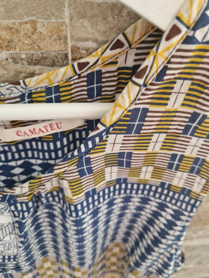 t shirt haut bleu jaune blanc taille 46 marque camaieu - photo numéro 2