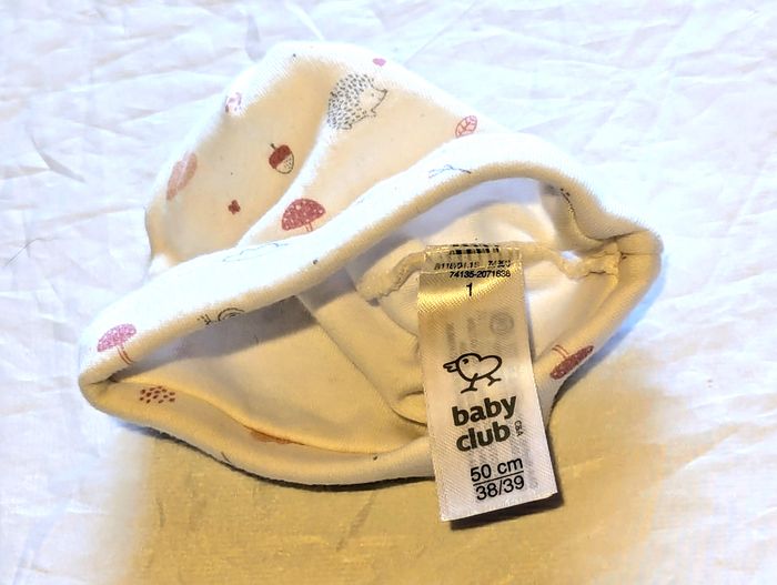 Petit Bonnet Baby Club Blanc Dessins Nature Animaux Glands Champignons Feuilles Accessoire Bébés - photo numéro 5