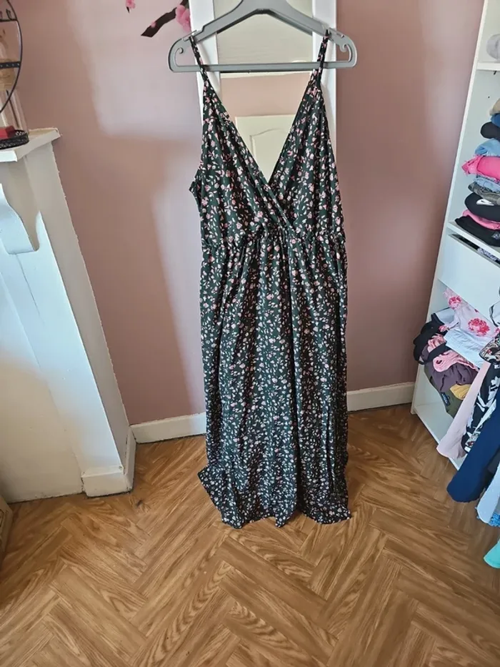Robe été verte à fleur rose t44 curve