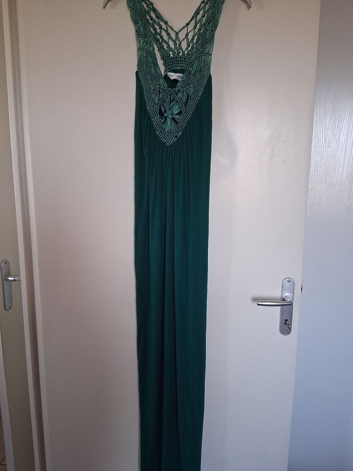 Robe longue dos épaules dénudé macramé vert " t- S"