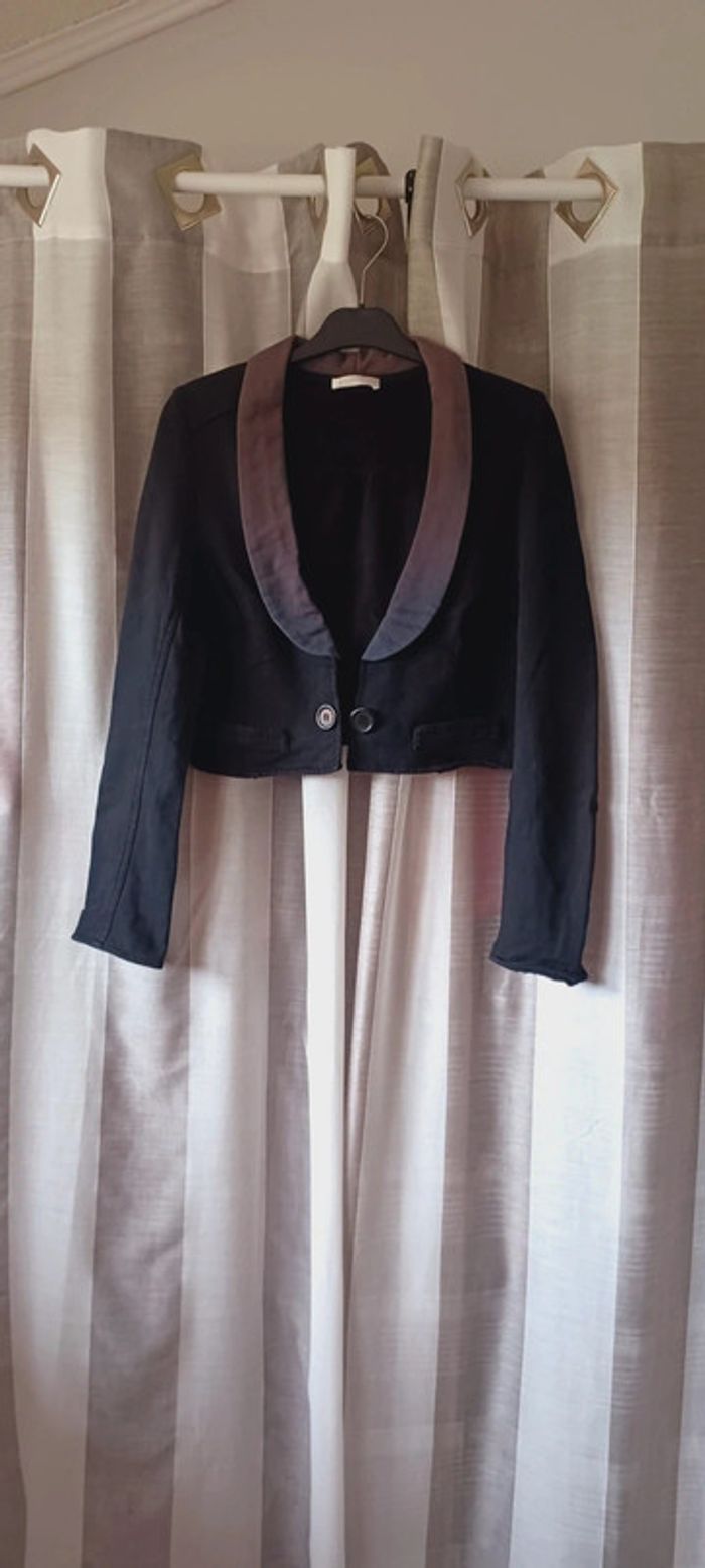 Veste femme courte noire PROMOD, avec col couleur taupe, taille L