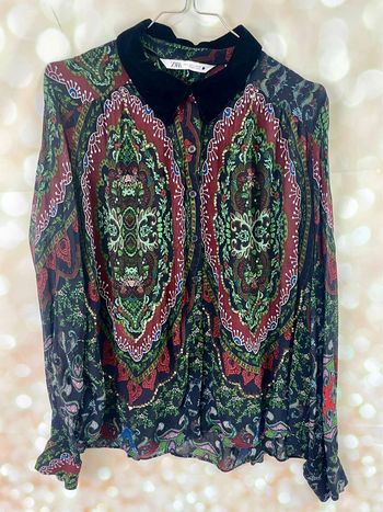 Chemise ZARA voile sequins paisley et col velours L