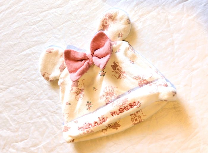 Bonnet Disney Baby Blanc Minnie Fleurs Ruban Rose Grandes Oreilles Minnie Mouse Accessoire Bébés
