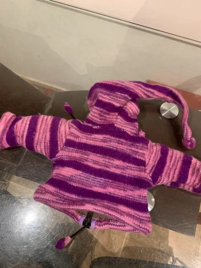 Gilet veste bébé ethnique laine violette – Capuche lutin 6/9 mois env. Made in Nepal - photo numéro 6