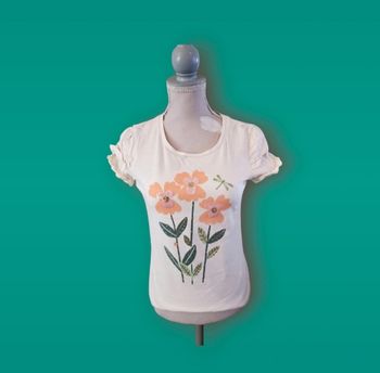 T shirt C&A beige fleurs sequins et paillettes taille 8 ans