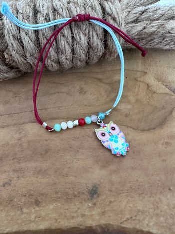 Bracelet en fils de nylon réglable pendentif chouette avec perles en cristal