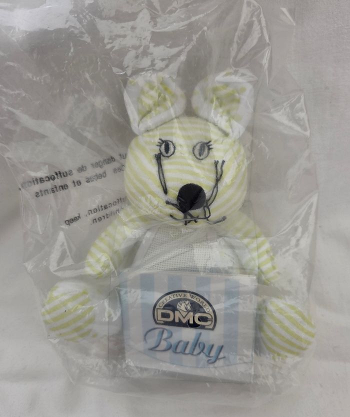 Doudou peluche Mouse souris verte rayé- Bavoir à brodé- DMC