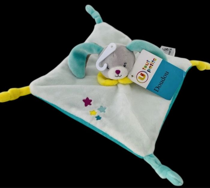 ❤️B4992 Doudou Plat Mouchoir Lapin Blanc Bleu Etoiles Tout Petits SYSTEME SUPER U