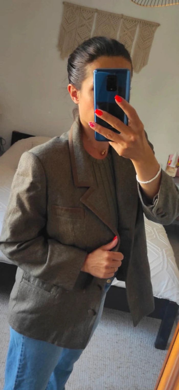 Veste Blazer Perel Paris 100% laine XL Vintage oversize beige marron made in France - photo numéro 3