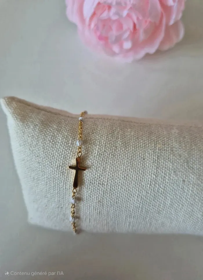 1 bracelet dorée or avec croix chrétienne style gigi perles blanches - photo numéro 2