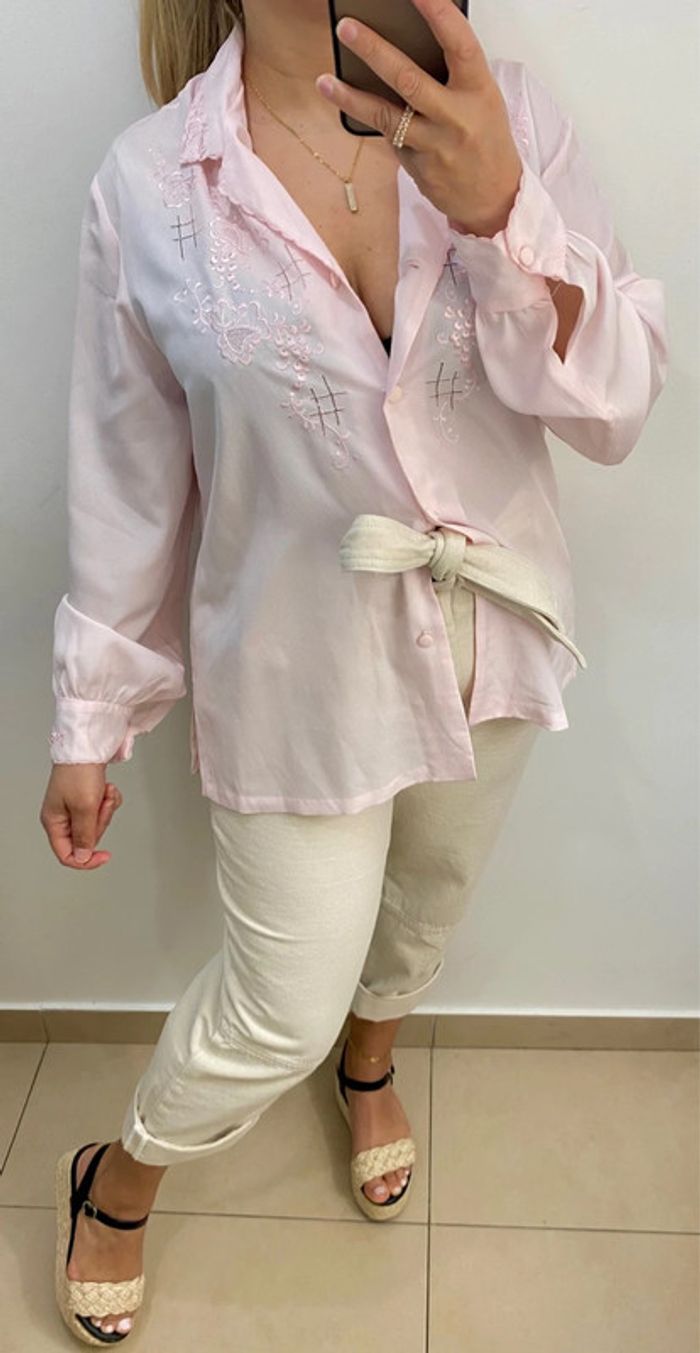 Jolie Chemise Rose Vintage Brodée Taille XL - photo numéro 3