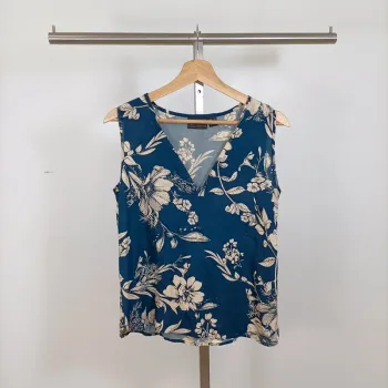 Top sans manches bleu fleuri col V – bpc selection – taille 36 A978