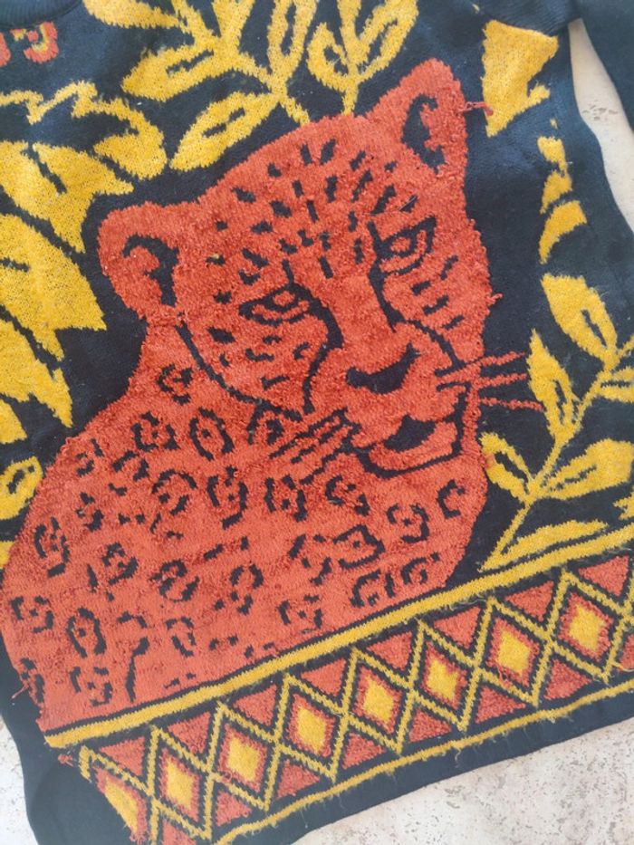 Pull vintage en chenille et laine années 80 motif guépard jungle - photo numéro 2
