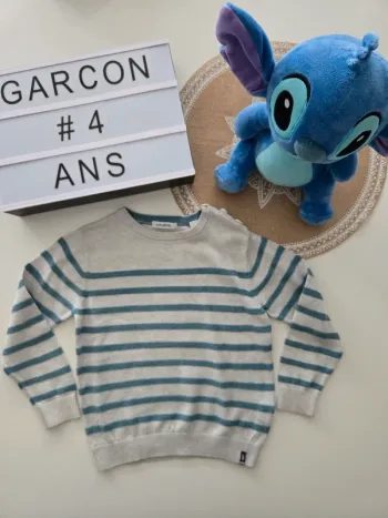 Pull gris rayé turquoise okaidi 4ans