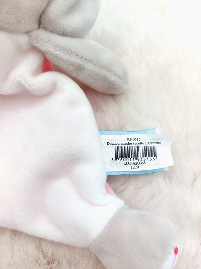 Doudou plat éléphant gris rose Eglantine BABY NAT’ BN0515 fleurs attache sucette - photo numéro 3